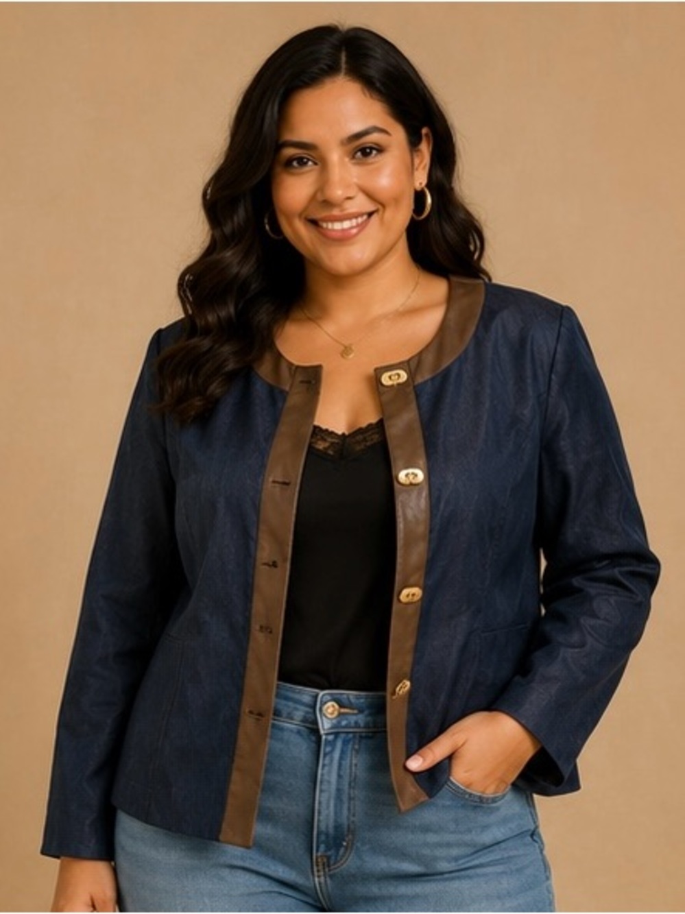 R.Q.T Navy Blazer / Jacket with Brown Leather like Trim Size 16